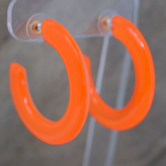 1.75" Retro Translucent Neon Orange Hoop Earrings - Picture 2 of 12